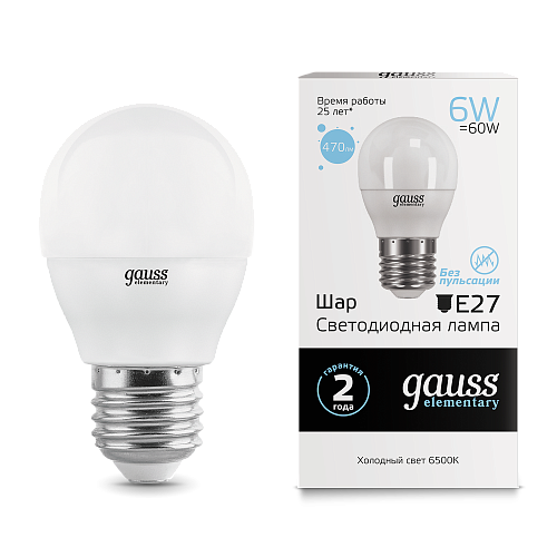 LD53236 Лампа Gauss LED шар G45 6W E27 6500K
